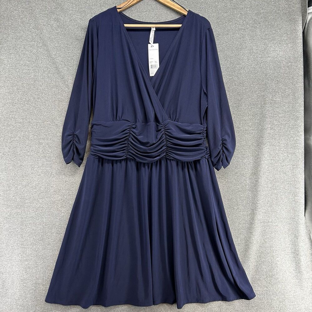 NWT NY Collection Navy Blue Surplice Wrap Midi Career Dress Womens 2X Stretch